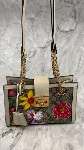 Borsa Gucci Supreme Monogram Flora Texture Pelle di vitello Beige Ebano Multicolore