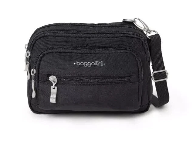 baggallini 187059 Womens Triple Zip Bagg Casual Crossbody Bag Solid Black