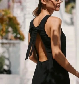 Anthropologie Black Scallop Sleeveless Linen Mini Dress Cutout Back With Tie M - Picture 1 of 11