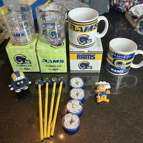 VTG 90s Lot Los Angeles Rams Cup Mug Tumbler Pencil Erasers Pin Russ NFL Cover