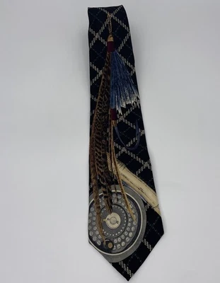 Corbata de seda para hombre carrete de pesca con mosca patrón a cuadros azul marino indio Navaho de colección Foto 1 de 4