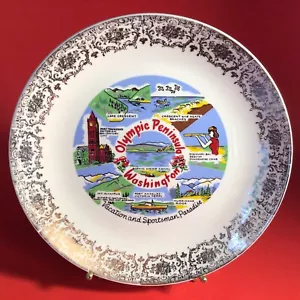 WASHINGTON SOUVENIR PLATE OLYMPIC PENINSULA VACATION AND SPORTSMAN PARADISE GOLD - Picture 1 of 12