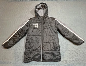 Puma Puffer Jacket Black 48 Logo Fleece Lined Boys XL  Hooded - Picture 1 of 8