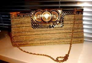 River Island Clutch Evening Bag Striped Gold Brown Snakeskin Look Party Fancy💕 - Picture 1 of 14