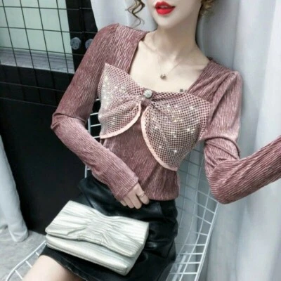Lady Square Neck Lace Glitter Shirt Tops with Bow Vintage Retro Blouse Sexy Chic - Image 1 of 4