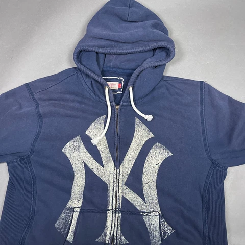 New York Yankees Jacket Mens Large Blue Mitchell Ness Hoodie Distress Read Descr Cover