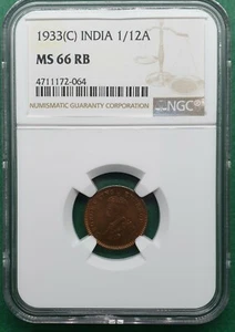 1933(C) BRITISH INDIA GEORGE V KING 1/12 ANNA COPPER  NGC MS 66 RB - Picture 1 of 2