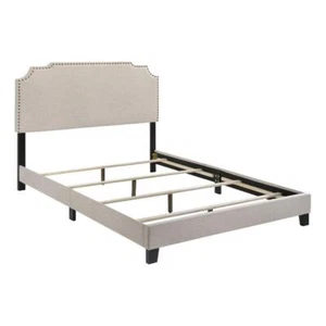 Pemberly Row Transitional Fabric Upholstered Nailhead Queen Bed Beige - Picture 1 of 6
