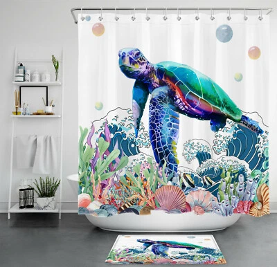 Acuarela Tortuga Marina Plantas Submarinas Cortina de Ducha Baño Accesorios Juegos Foto 1 de 4