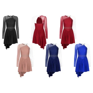 Women's Costume Glitter Dress Long Sleeve Dancewear Modern Unitard Keyhole Jazz - Picture 1 of 57