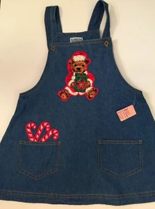 Denim Jumper Dress Child Christmas 5-6 T Appliqued Santa Bear VIP Pockets NEW - Picture 1 of 8