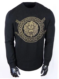 Herren Pullover Schwarz Gold Shirt Designer Muster Pulli Stretch Freizeit Kleid - Bild 1 von 5
