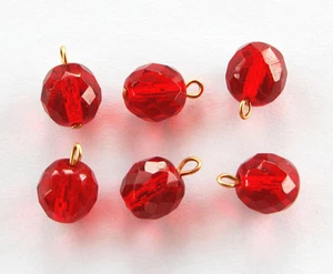 VINTAGE 6 RUBY RED WEST GERMAN GLASS FACETED BEADS • 10mm • Connectors, Pendants - Picture 1 of 7