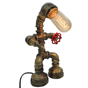 Steampunk Robot Light Industrial Vintage Rust Iron Water Pipe Desk Table Lamps