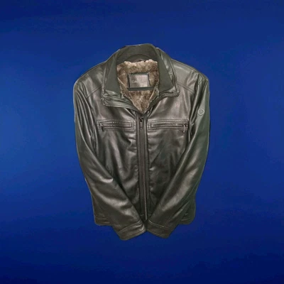 Calvin Klein Moto Men's Medium Black Faux Fur Lined Leather Full Zip Jacket  - Image 1 of 4