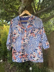 Azul by Moussy Small Collarless Top Blouse Blue Mix Print Sheer Roll Tab Sleeves - Picture 1 of 15