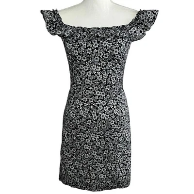 Vestido Ralph Lauren Vintage Pequeño Negro Floral Fuera del Hombro Volantes Mini Foto 1 de 4