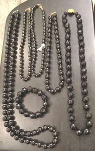 Vtg Jewelry Lot 6 Faceted Black Glass Mourning Necklaces, Bracelet 16"- 34 HK - Picture 1 of 9