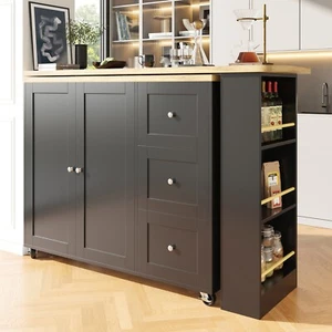 Kitchen Island Bar Table Storage Cabinet Reversible Mobile Serving Cart Black - Picture 1 of 12