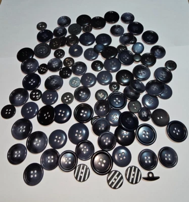 VINTAGE BUTTON LOT BLACK BLUE PLASTIC GLASS CERAMIC METAL SEWING CLOTHING OLD 45 - Image 1 of 4