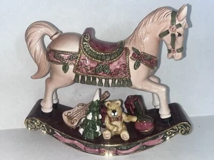 Vintage Weihnachten Schaukelpferd Porzellan mit Teddybär handbemalt 9x8 Zoll - Bild 1 von 12