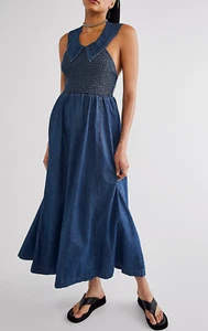 NEU Gr. XS Free People Bambi Mädchen Midi Maxikleid Denim Kragen gesmoktes Mieder - Bild 1 von 10