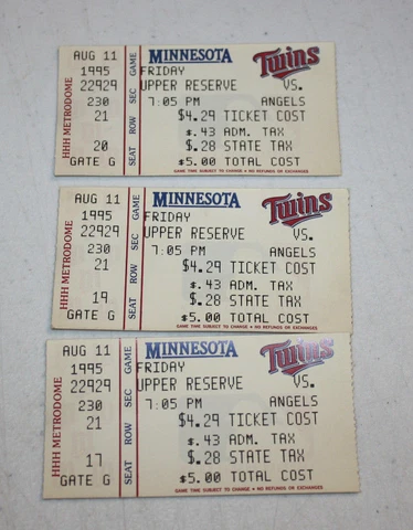Minnesota Twins Ticket Stub | August 11 1995 | Tim Salmon 83rd Career HR Cover