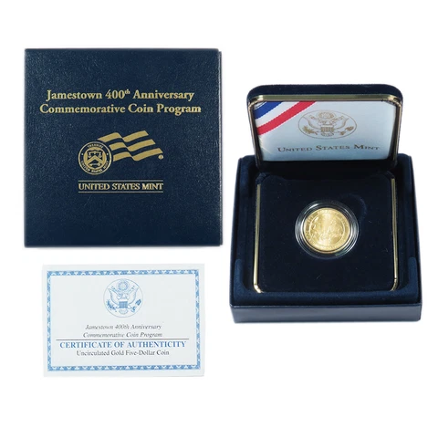 2007-W $5 Gold UNC Jamestown 400th Ann. Commemorative Box, OGP & COA Cover