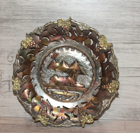 Vintage Egyptian hand made ornate metal wall hanging plate pyramids sphinx Cover