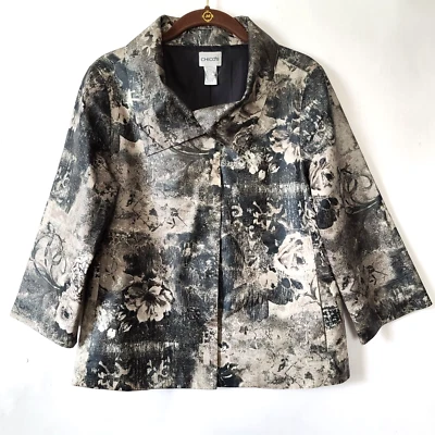 Chaqueta Blazer Chicos Línea A Cierre a Presión 3/4 Slv Talla 0 Pequeña Negra Beige Floral Foto 1 de 4