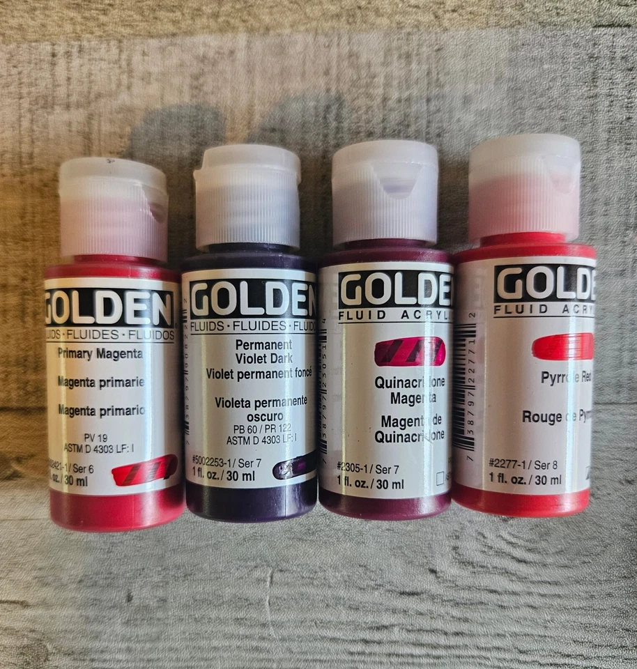 4 Golden Fluid Acrylics Paint 1 Oz ~ Quinacridone Magenta, Pyrrole Red, Violet - Image 1 of 1