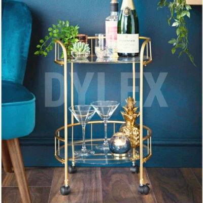 NEW Gold Drinks Trolley With Glass Shelves Mini Bar Cocktail Table Drink Table  - Image 1 of 3
