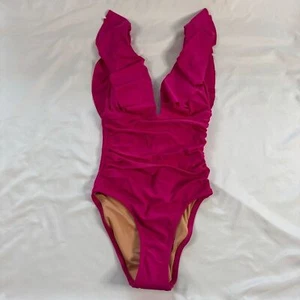 Neu mit Etikett J Crew geraffter Rüschen-Einteiler Badeanzug pink Größe 4 V-Ausschnitt Barbie hell - Bild 1 von 5