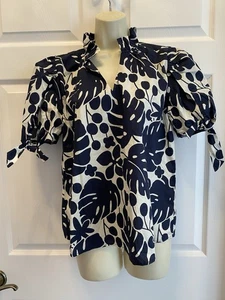 THML Anthropologie THML Navy Blue White Tropical Leaf Print Puff Sleeve Blouse M - Picture 1 of 11