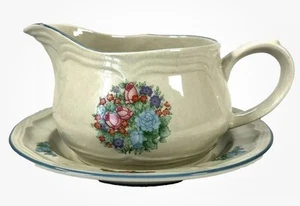 Vintage Spring Meadow Gravy Boat w/ Under Plate Tray Stoneware 16885 Vtg 1980's - Picture 1 of 7