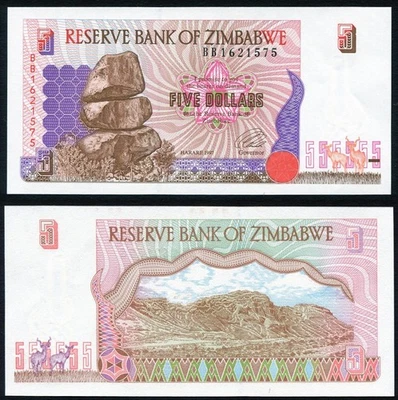 Zimbabwe 5$ 1997 Harare Balancing Rock P5a Prefix BB Light Brown Back UNC - Image 1 of 4