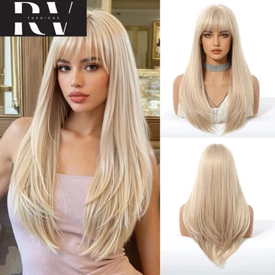 Women’s Long Blonde Wig with Bangs Layered Straight Synthetic Natural Hair New - Image 1 of 4
