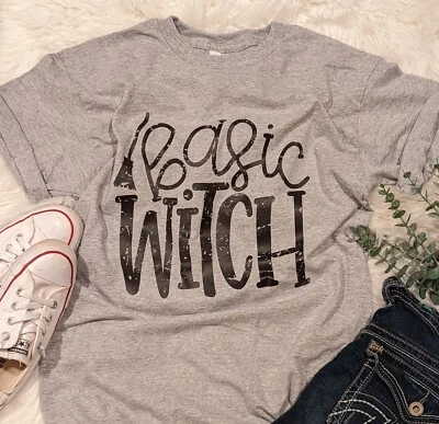 Nueva Camiseta Para Mujer Gris Básica Bruja Halloween Camisa Unisex Foto 1 de 2