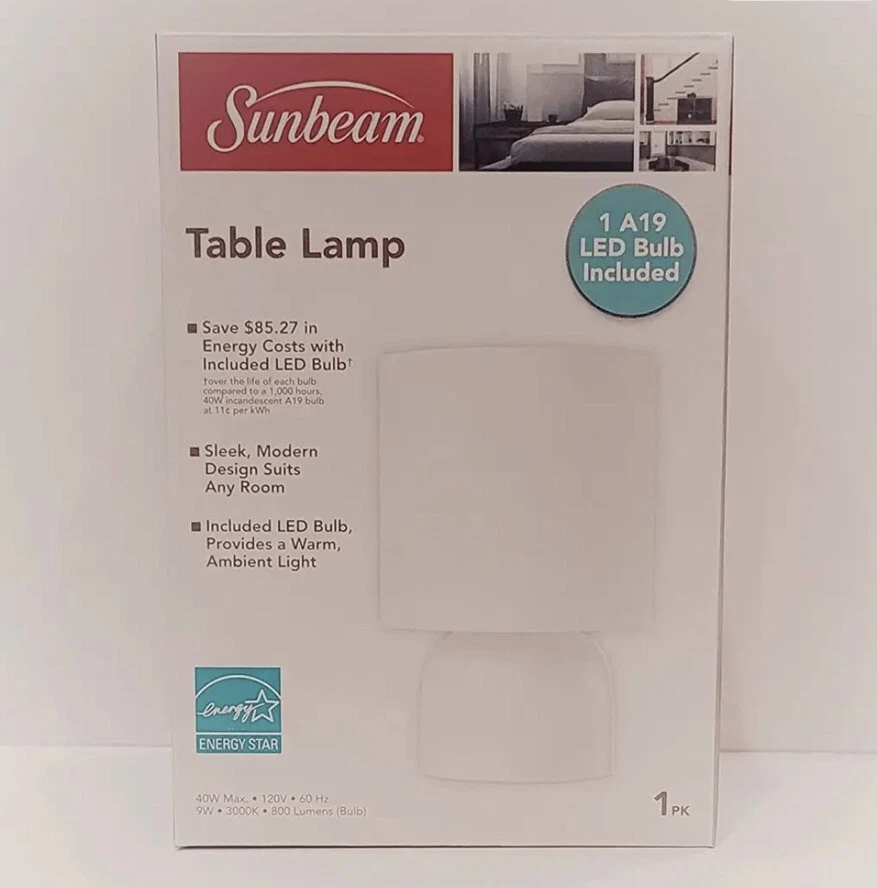 Sunbeam WHITE Table Lamp with 1 A19 LED Bulb Included - Open Box.