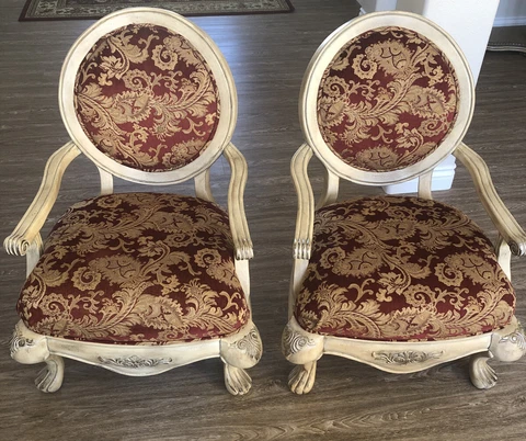 PAIR Of 2 SCHANDIG Gold And Red Upholstered Armchairs Exceptional Condition!!! Cover