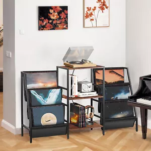Record Player Stand with Vinyl Storage Turntable Stand w/ Charging Station Brown - Picture 1 of 21