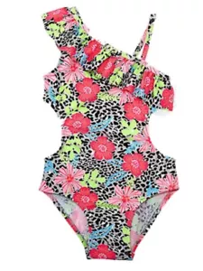 Infant Girls Black & Pink Ruffle Assymetrical 1pc Monokini Swimming Suit 3-6m - Picture 1 of 1