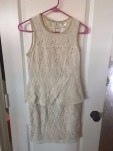 NWT Women's Ivory Lace Overlay Peplum Dress, Size Medium, Leather Trim - Picture 1 of 4