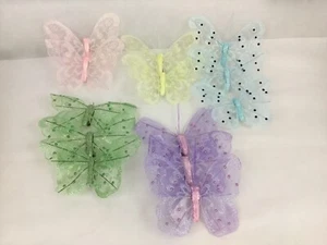 Set Of 13 Glitter 5 Inch Wide Butterflies Clip On Pastel Colors & Applied Beads - Picture 1 of 12