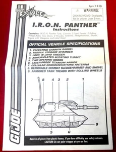 GI Joe Vehicle BLUEPRINTS I.R.O.N. PANTHER 1994 Original Instruction Sheet - Picture 1 of 2