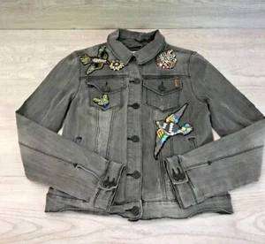 Vintage America Womens XS Aria Jean Jacket Embellished Jewels Birds Gray - Picture 1 of 8