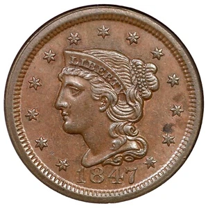 1847 N-27b R-4 NGC MS 63 BN Braided Hair Large Cent Coin 1c - Picture 1 of 3