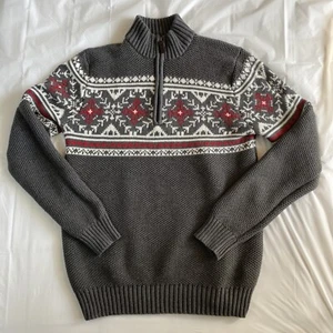 Izod Fair Isle Sweater Men M Grey Nordic Quarter Zip Moxk Neck Winter Holiday - Picture 1 of 13