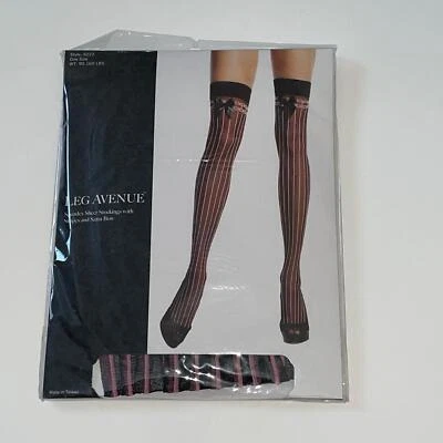 BLACK PINK VERTICAL STRIPES THIGH HIGHS SATIN BOW LINGERIE HOSIERY XL UA9222 - Image 1 of 2