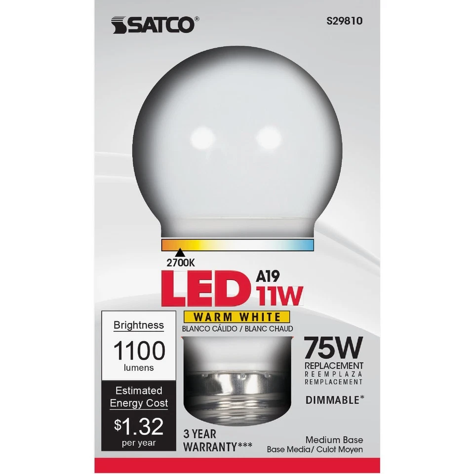 Satco 75W Equivalent Warm White A19 Medium Dimmable LED Light Bulb S29810 Satco - Image 1 of 1